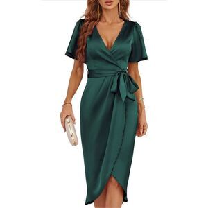 NEW Satin Cocktail Midi Dress Ruched Slit Wedding L NO BELT